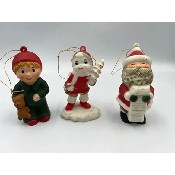 Other - 3-Vintage CHRISTMAS ORNAMENTS HONG KONG/Santa/Boy/Girl/Teddy Bear-Christmas Tree